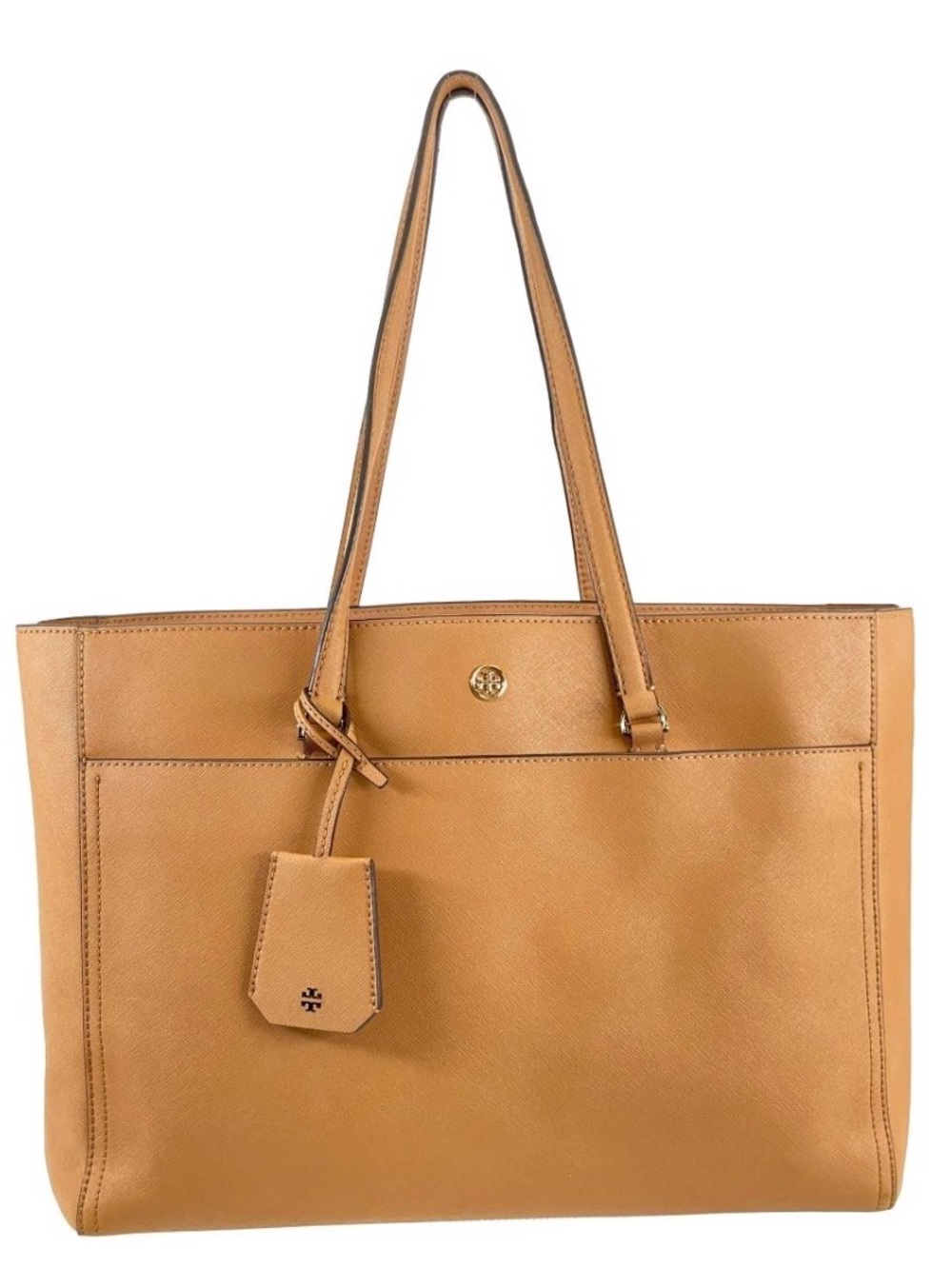 Tory Burch Robinson Camel Tan Saffiano Leather Tote Bag with Gold Hardware
